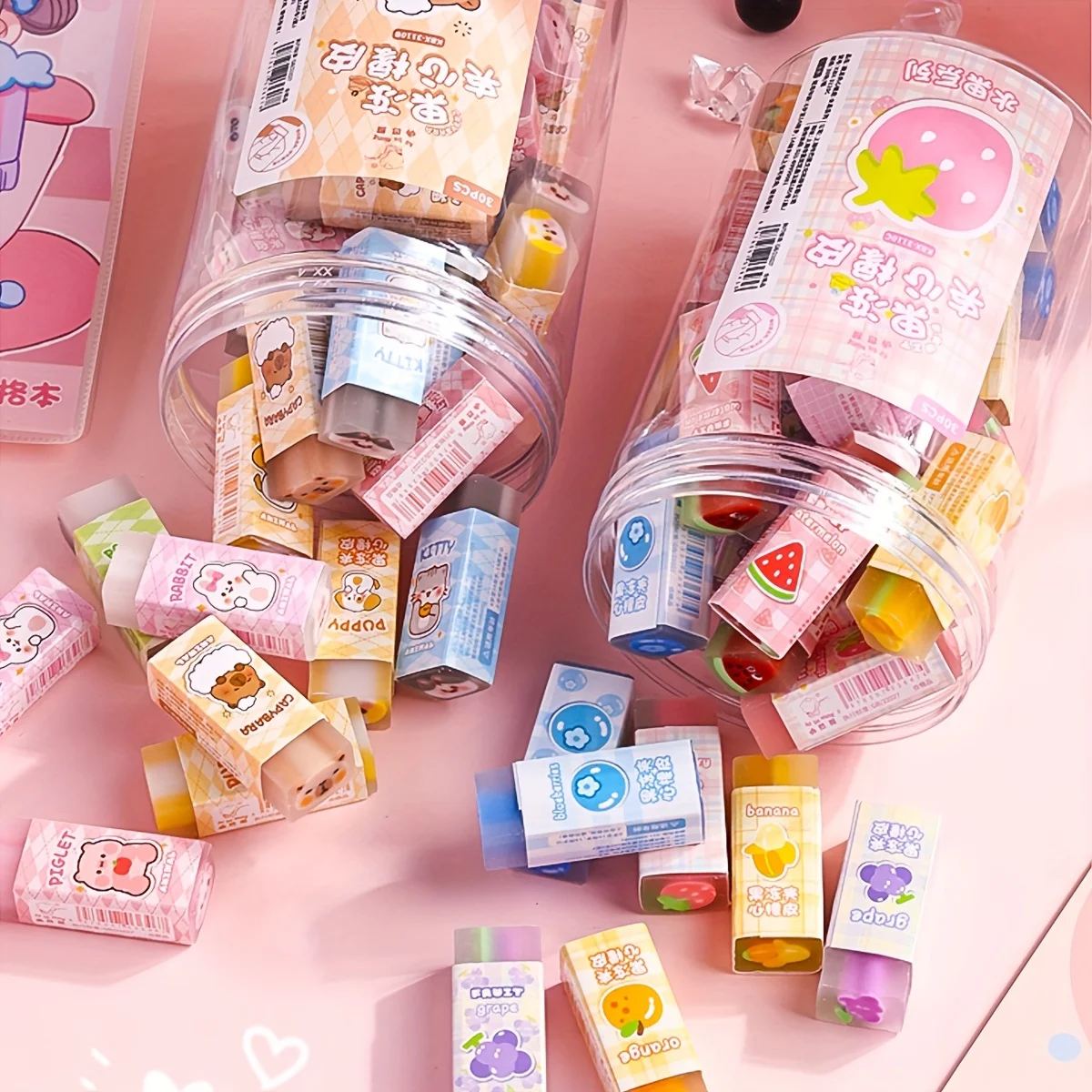 30 Pcs/Pack Cute Fruit Series Jelly Erasers, 6 Cartoon Gradient Color Pencil Erasers for Kids Students, School Stationery Gift f