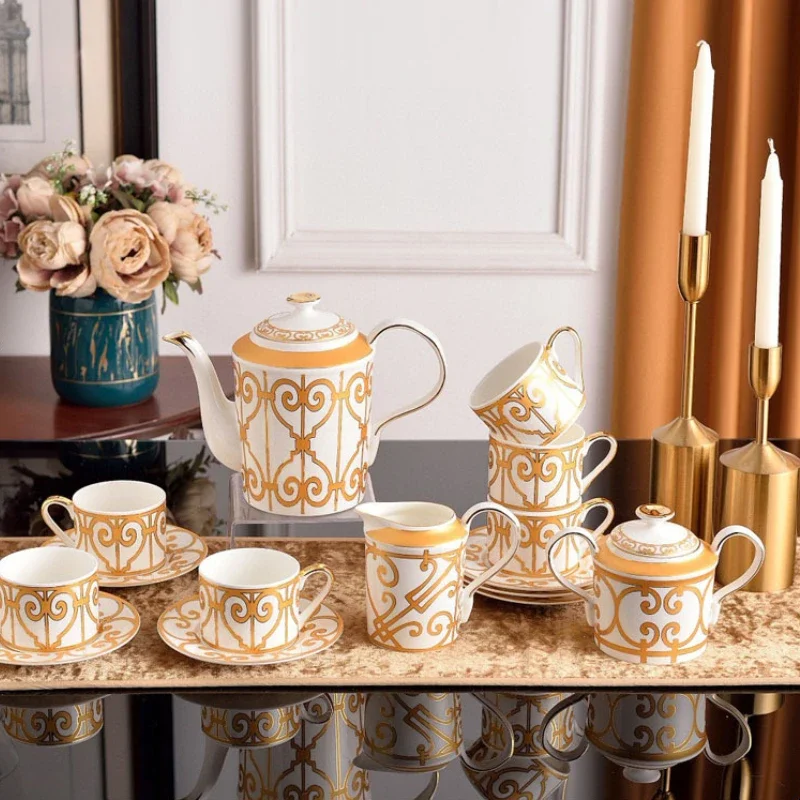 

2024 Golden Spanish Series Coffee Set Bone Porcelain Window Flower Coffee Cup Pot Kitchen Utensils Set Tea Pot and Cup Set