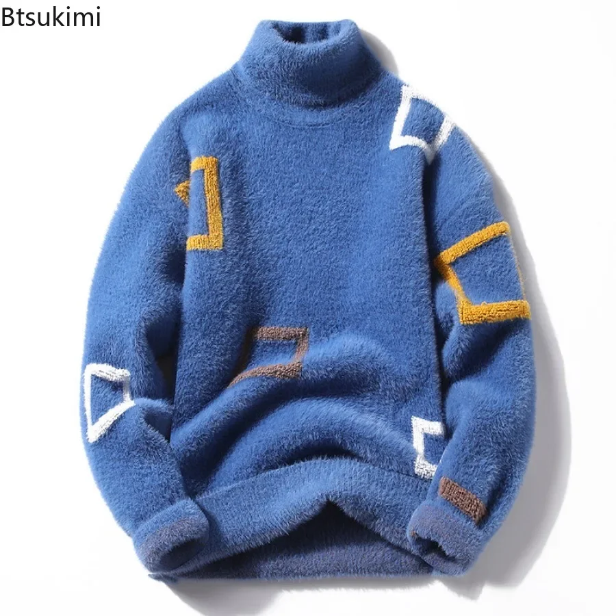 2024 Men Sweaters Winter Plush Thicken Warm High Collar Knitted Pullover Sweaters Male Korean Style Personalized Casual Sweaters