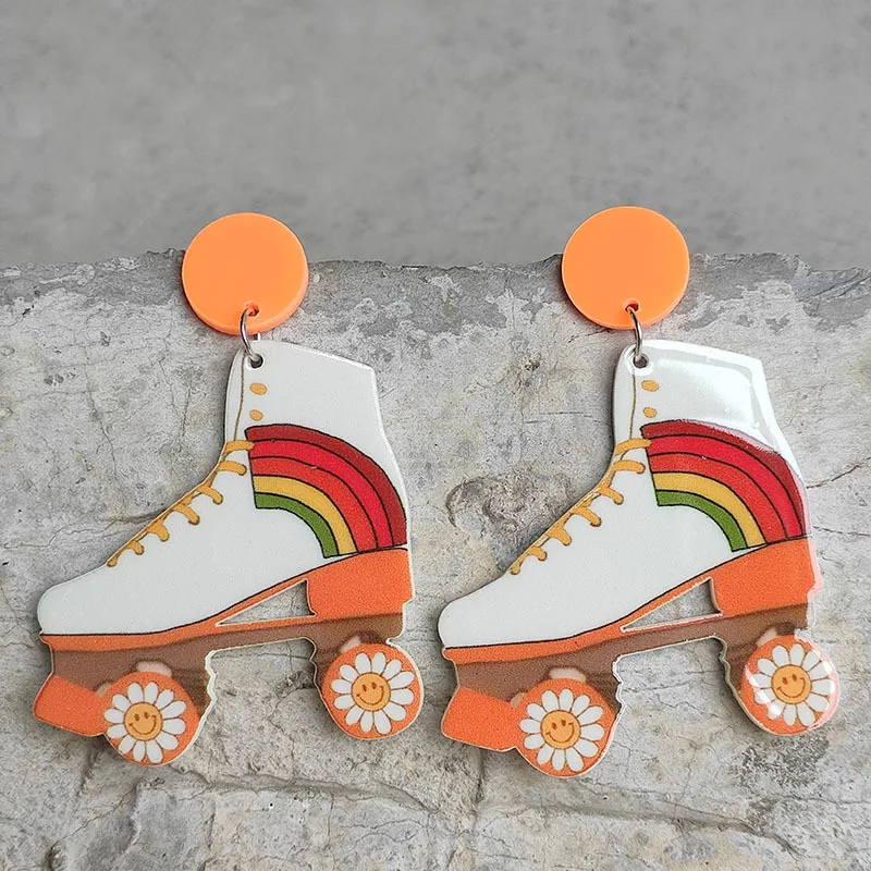 Fashion Earrings Retro Roller Skating Shoes Earrings Rainbow Peace Smiley Face Flowers Bright Oil Acrylic earrings Earrings Hot