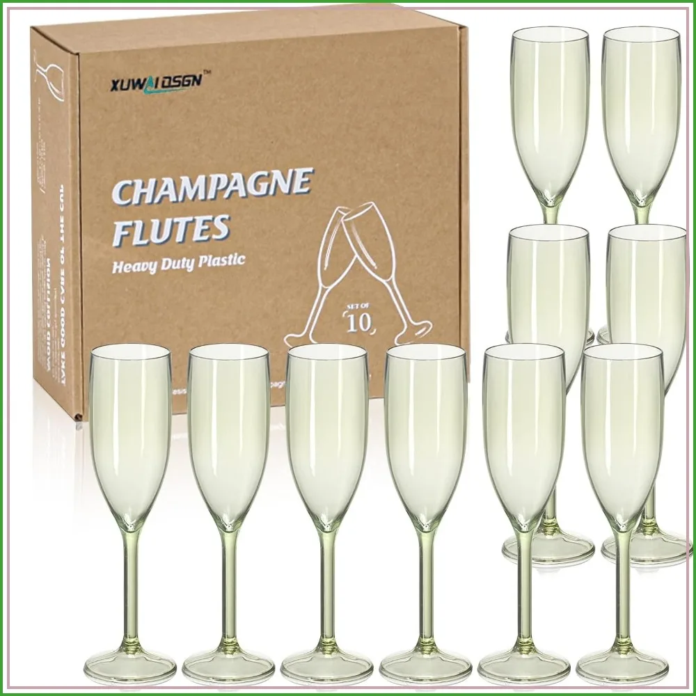 10 Pack Reusable Plastic Champagne Flutes 5.4oz Stemmed Cups for Wedding Birthday Mimosa Bar