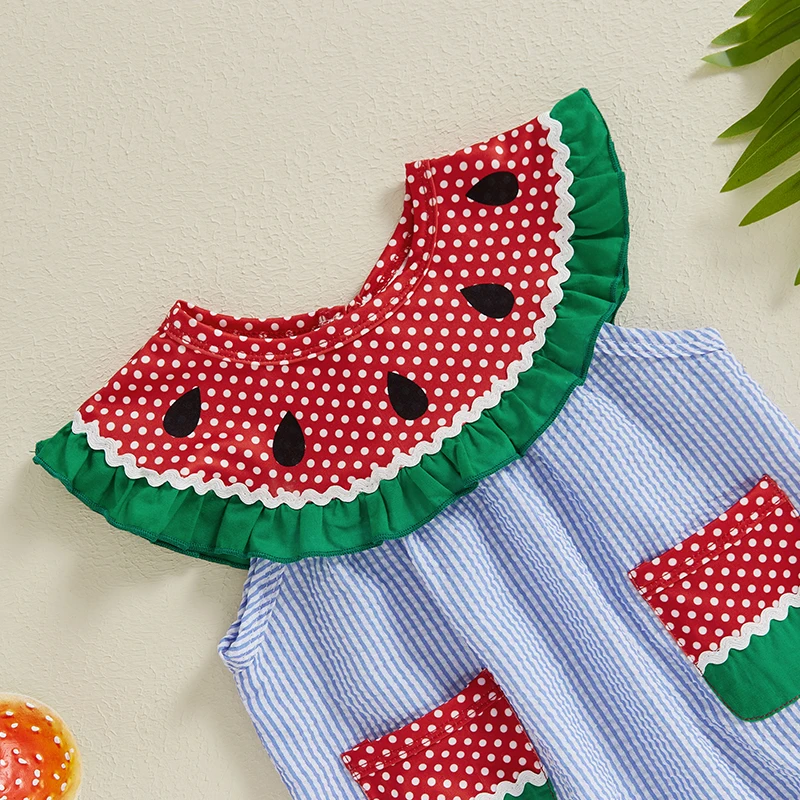 Newborn Baby Watermelon Romper Summer  Rompers Sleeveless Ruffle Bodysuit Tops with Pockets