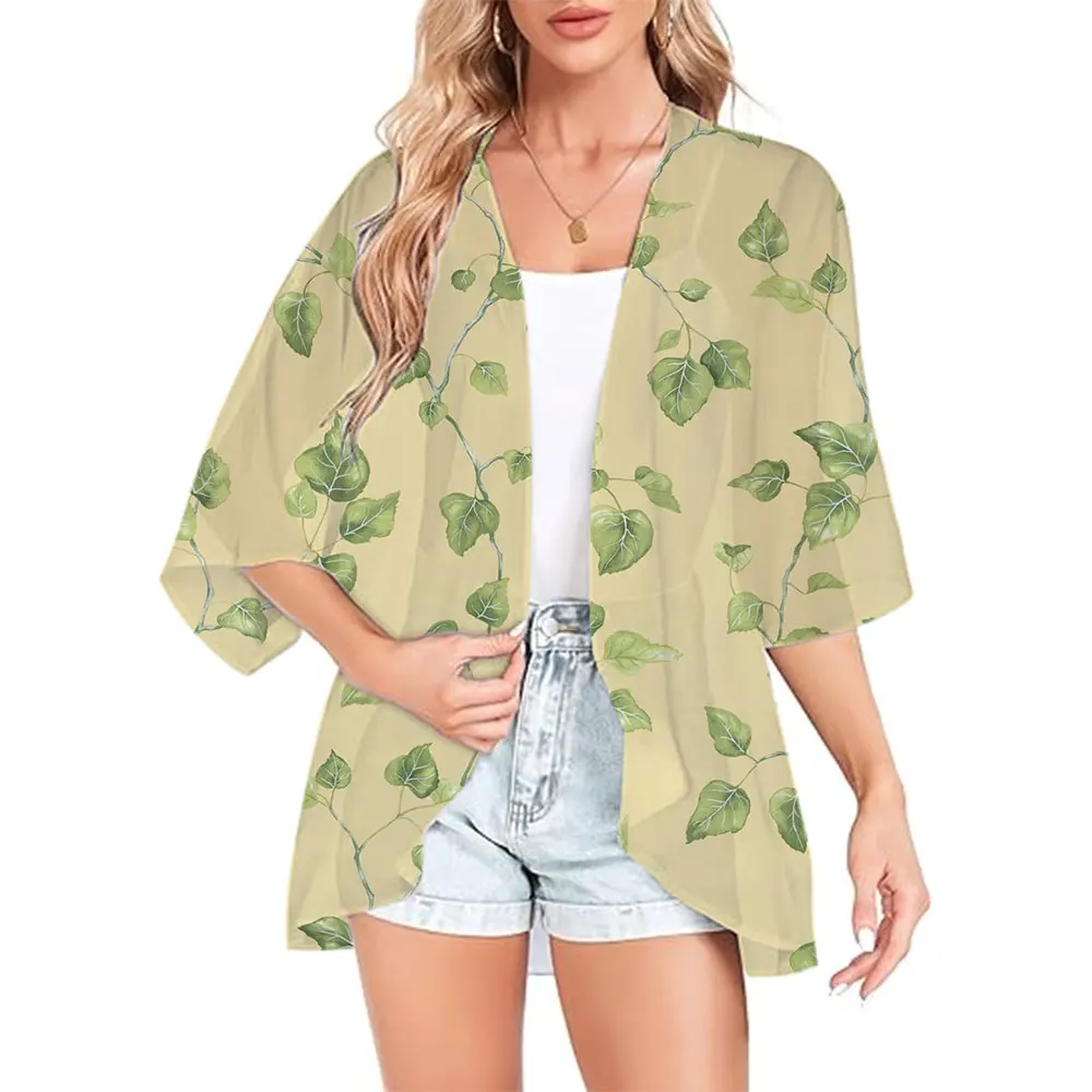 Verano Kimono traje de baño abrigo 3d hoja impresa playa cubrir Casual Kimono Cardigan Tops de gran tamaño vacaciones Sexy cubre capa