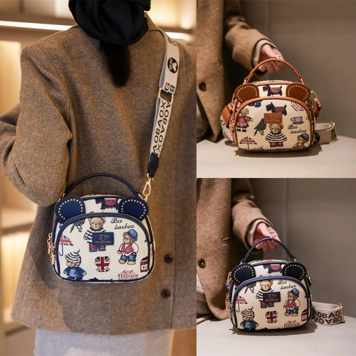 

Милая холщовая сумка-тоут с мишкой, женская сумка через плечо, универсальная ручная сумка, новинка 2026 года, молодежная, со съемным ремешком