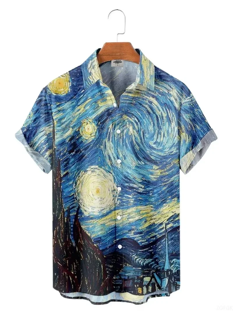 Men's Geometric Color Block Black Cat Print Short Sleeve Lapel Shirt Modern Abstract Art Design Loose Summer Beach Casual Tops