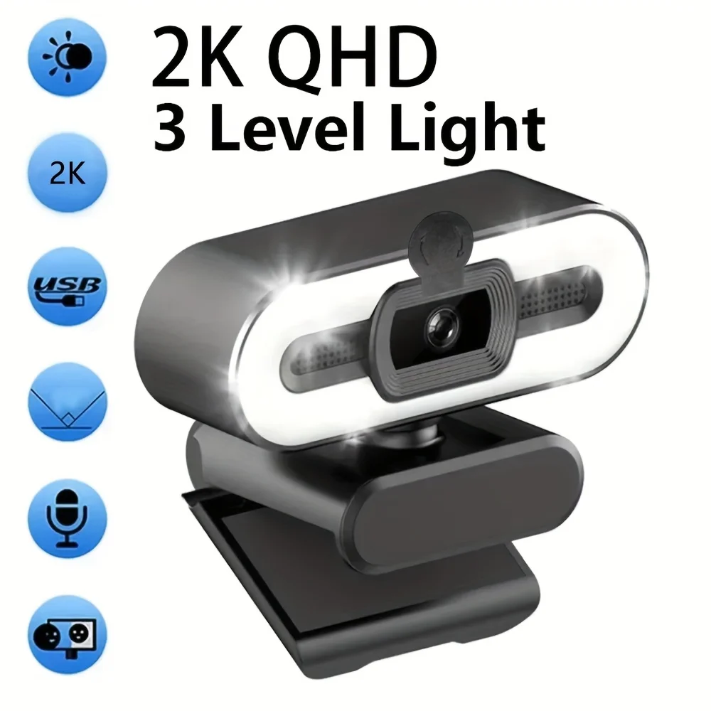 كاميرا ويب سوداء محمولة عالية الدقة 2K لأجهزة الكمبيوتر المكتبية وأجهزة الكمبيوتر المحمولة، تتميز بغطاء خصوصية للبث في الوقت الحقيقي والميكروفون