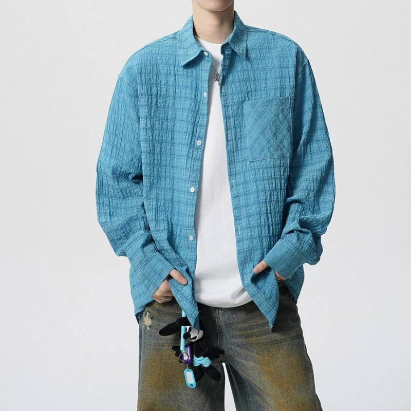 

Unisex Summer Blue Plaid Shirt with Sun Protection – Loose Fit Casual Overshirt (S-2XL) | Trendy Couple's Outwear Wholesale