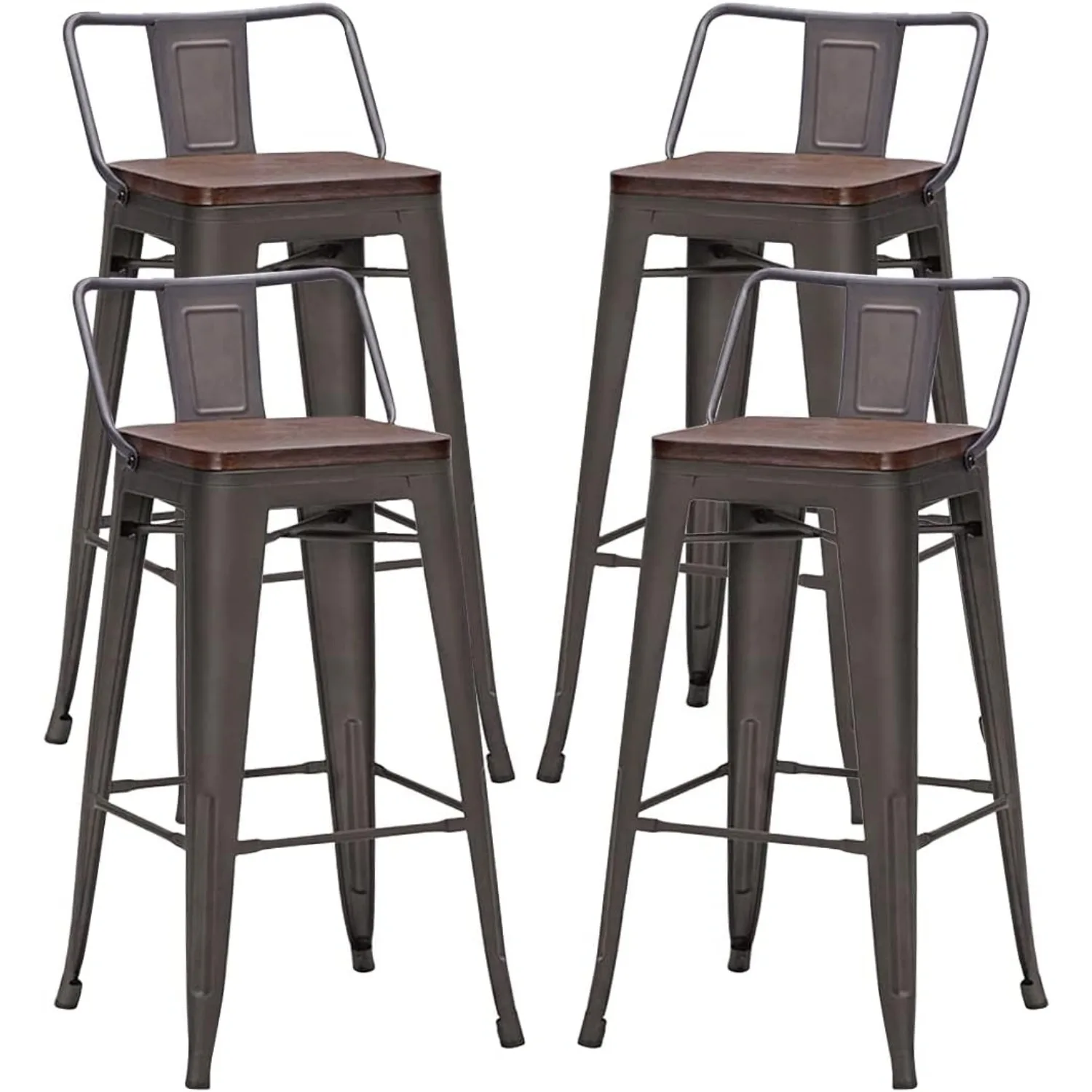 

30" Metal Barstools Set of 4, Industrial Counter Height Bar Stools Kitchen Island Bar Chairs Wooden Seat Low Back-Rusty