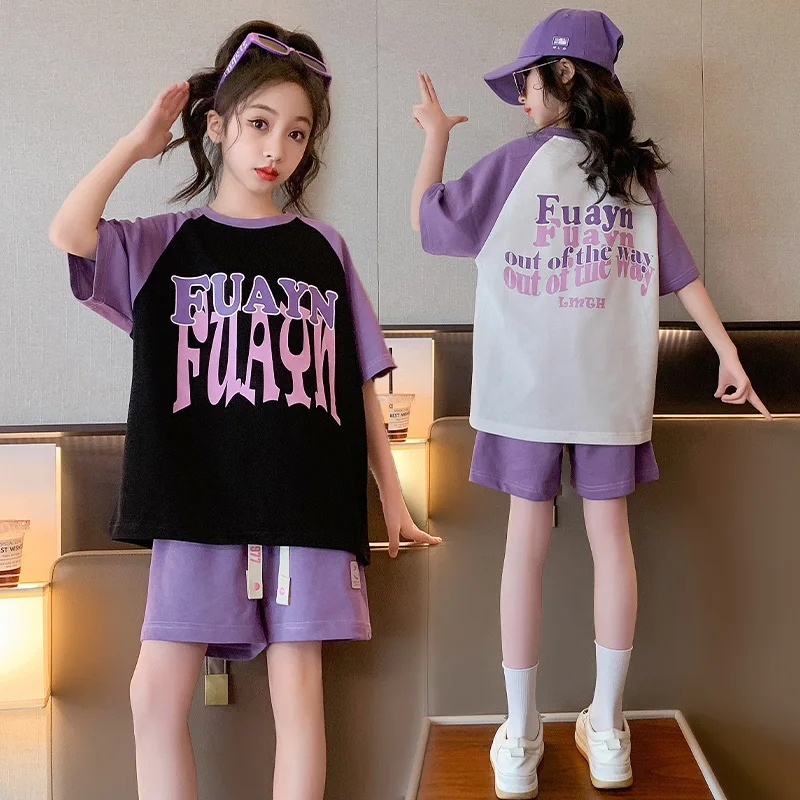 Teen Girls Summer Outfits New Color Blocking Letter Print Short Sleeves T-shirt+Shorts 2Pcs/Sets Kids Clothes Casual Tracksuits
