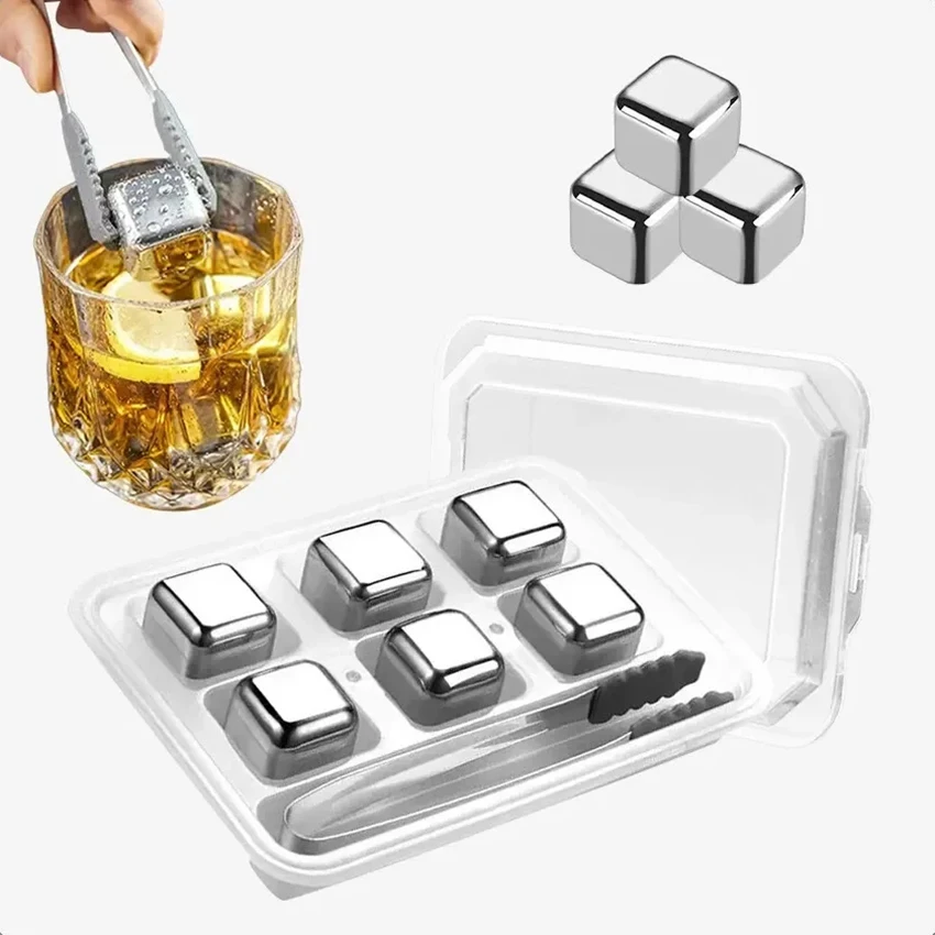 6-teiliges Whiskey-Eiswürfel-Set mit Silikonkopfzangen und Eiswürfelschalen aus Edelstahl, wiederverwendbar