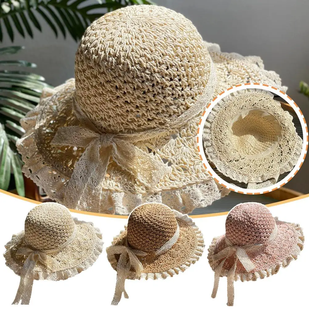 

Lace Edge Foldable Straw Hat For Women 2024 Summer Hand-woven Hollow Bow Sun Hat Sun Protection Beach Hat T0O6