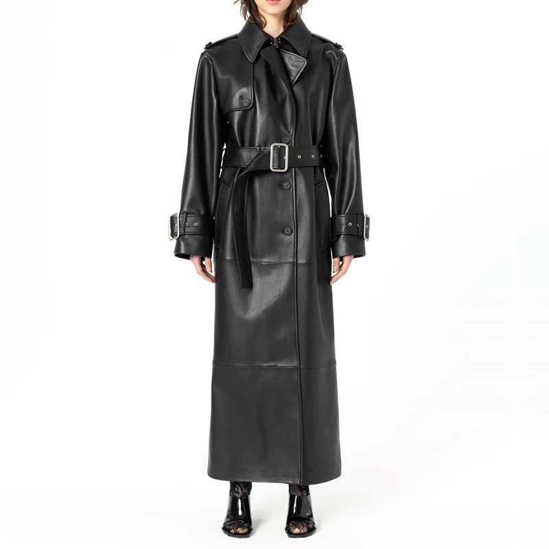 Classic Black Sheepskin Leather Trench Coat for Women Double-Breasted Long Length Loose Fit