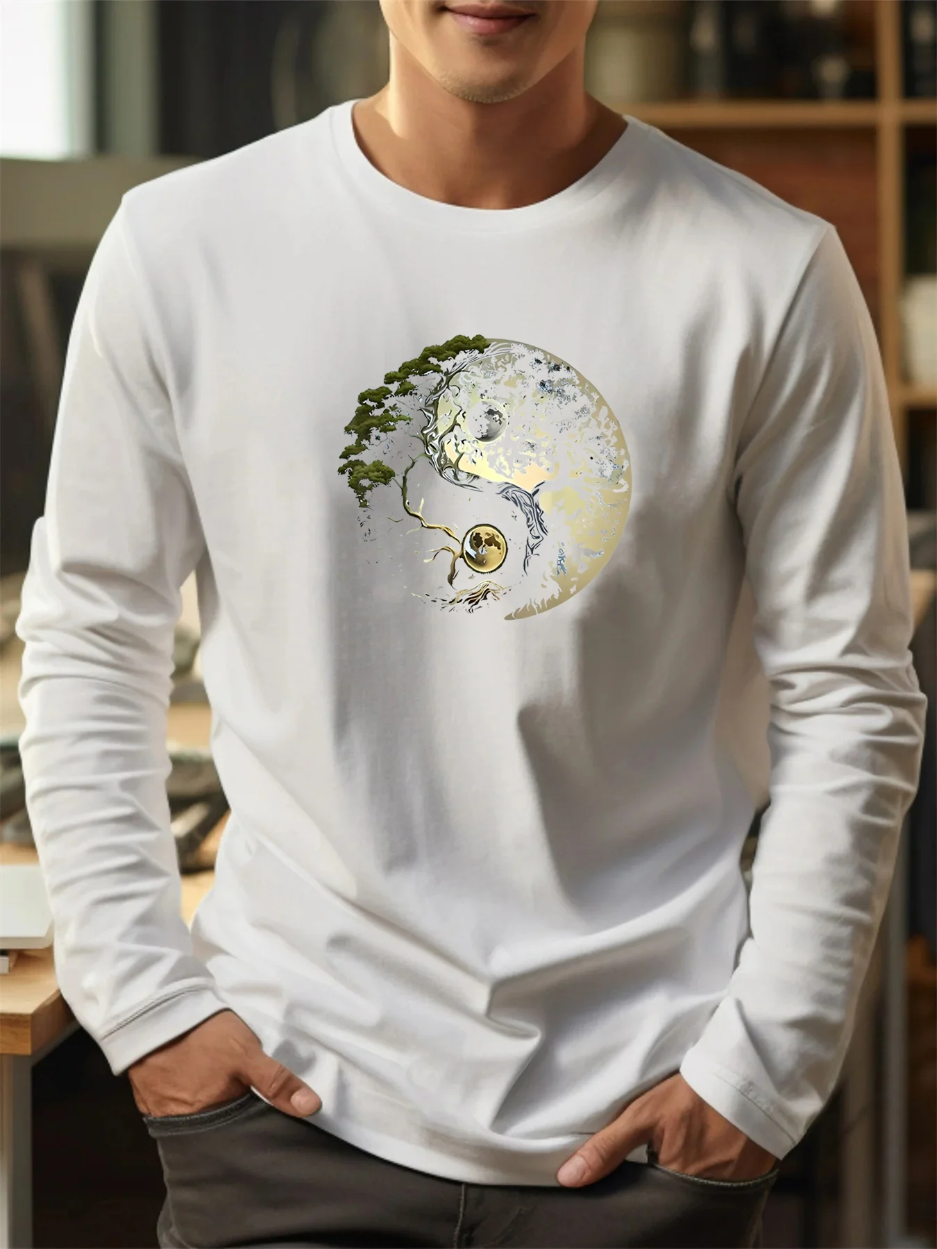 2026 الرجال الأساسية فضفاضة ومريحة عارضة الرياضة يين يانغ شجرة نمط مطبوعة جولة الرقبة الدافئة طويلة الأكمام تي شيرت أعلى