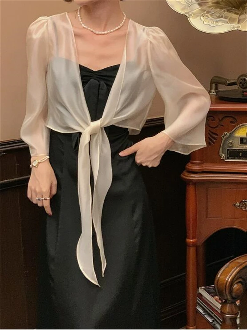 Women Elegant Blouse Female Spring Summer Short Thin Coat Flare Sleeve V Neck Lace up Shirts Ladies Fashion Slim Crop Tops