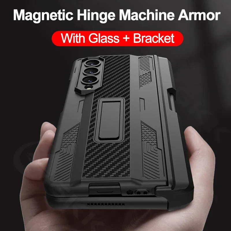 For Samsung zfold4 mobile phone case shell film magnetic Mecha push pen case creative stand folding mobile phone case