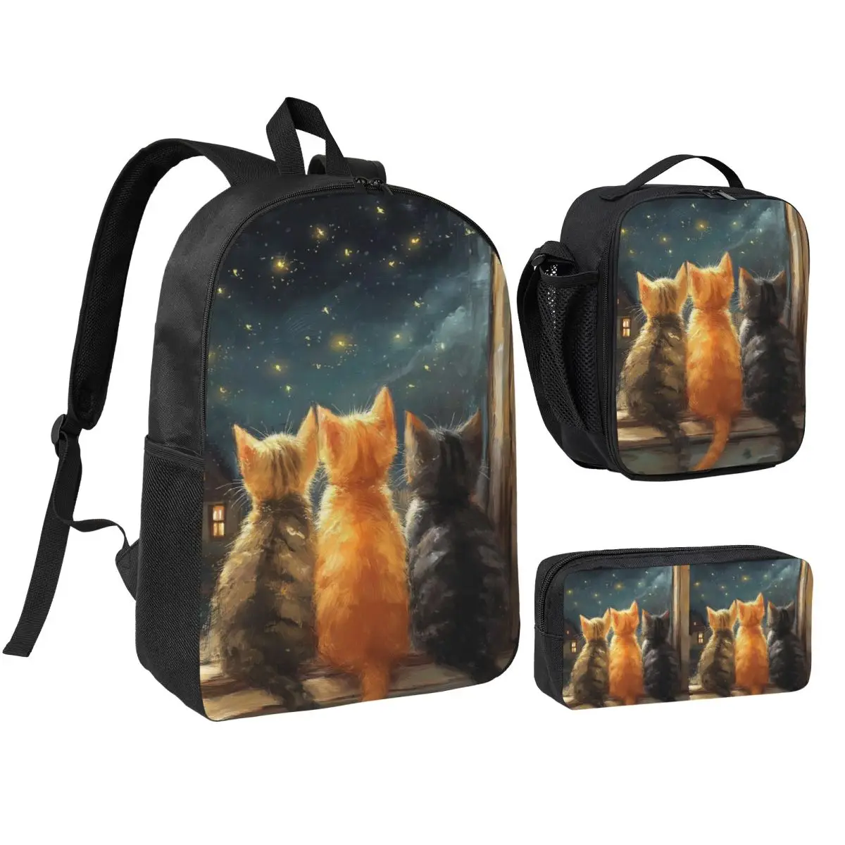 Cats Watching The Night View Of The Moon Backpack Kids BookBag School Bag Shoulder Bags 3ps Insulated Lunch Bag Pencil Case