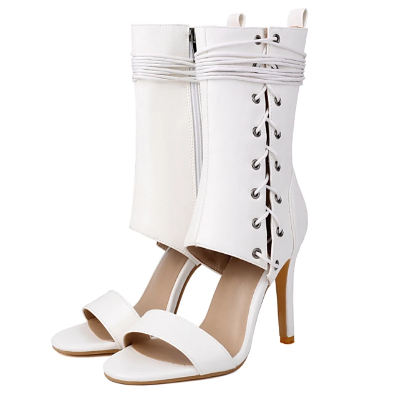 مثير حذاء من الجلد للنساء صيف 2025 أحذية الدانتيل متابعة الجوف اللمحة تو أسود أبيض عالية الكعب الجاز الرقص hoes الإناث حجم كبير 45