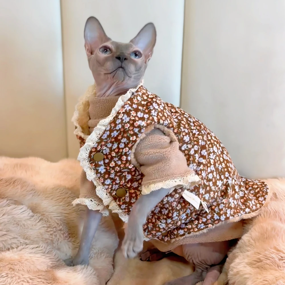 Small floral Khaki Cotton Jacket Coat Suit for Sphynx Cat in Winter thick warm Sweater for Kittens Soft Lace Coat for Female Cat