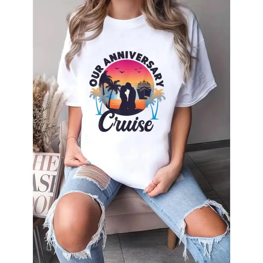 

Women's Our Anniversary Cruise T-Shirt Couple Vacation Trip Tee Romantic Honeymoon Gift Matching Outfit for Her