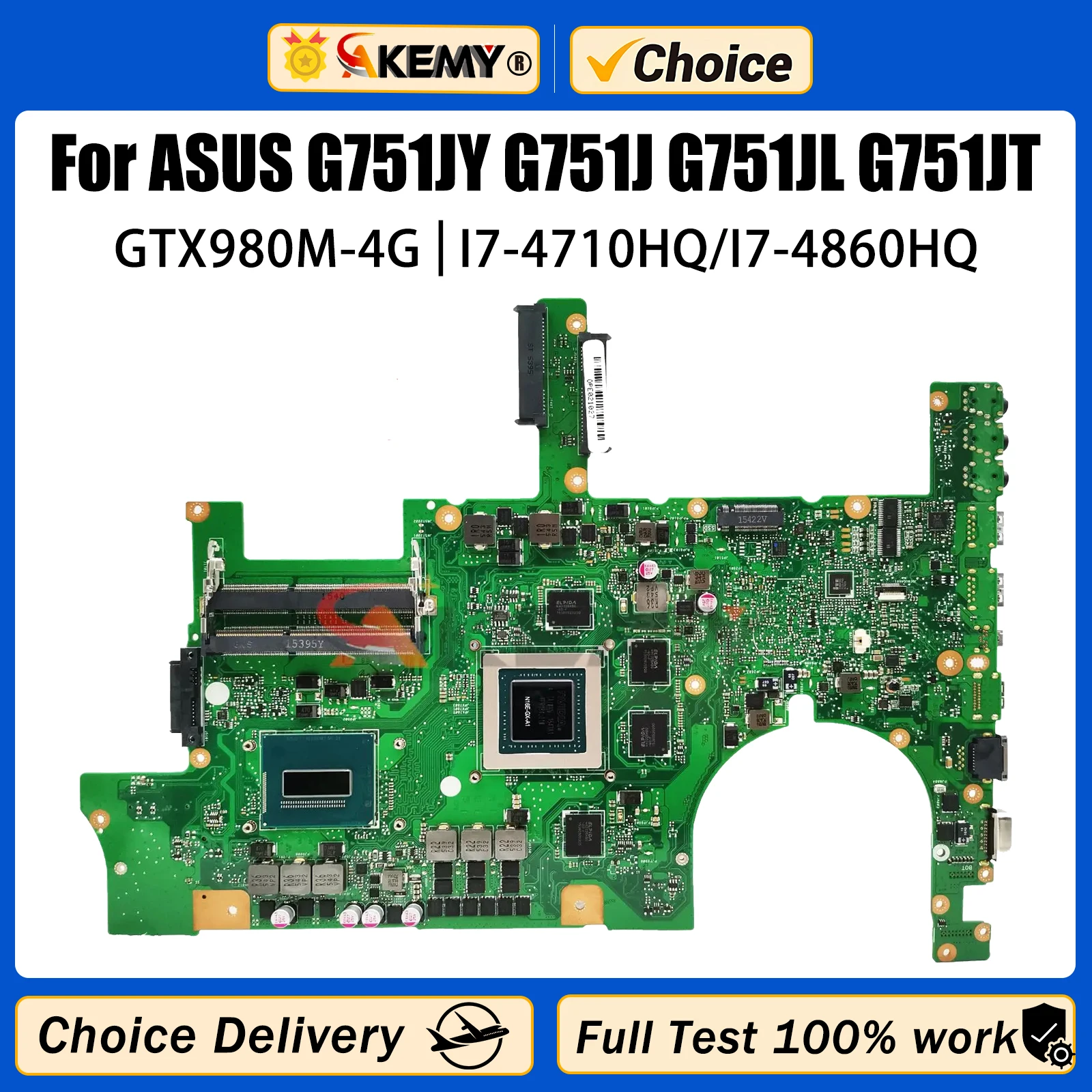 

Akemy G751JY Notebook Motherboard For ASUS G751J G751JL G751JT Laptop Motherboard with i7-4th Gen HQ CPU REV 2.5 GTX980M