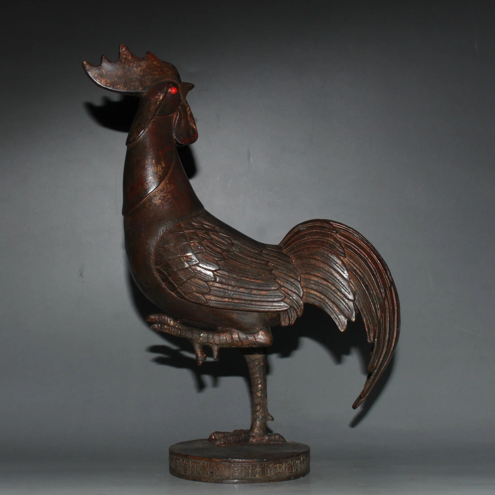 Early collection of pure copper imitation brass with red rust, gemstone inlay, and a standing golden rooster figur,Free shipping