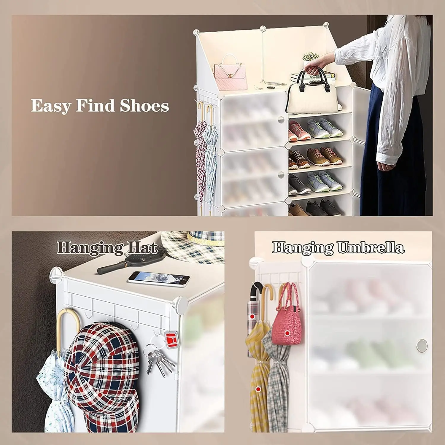 

Shoe Rack Storage Cabinet with Doors, Key Holder, Portable Shoes Organizer, Expandable Standing Rack, 32-64 Pairs Shoes,