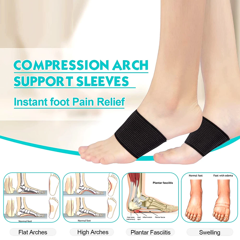 1Pair Compression Arch Support Sleeves, Cushioned Arch Support Braces Gel Pads for Foot Pain Relief Plantar Fasciitis Heel Spurs