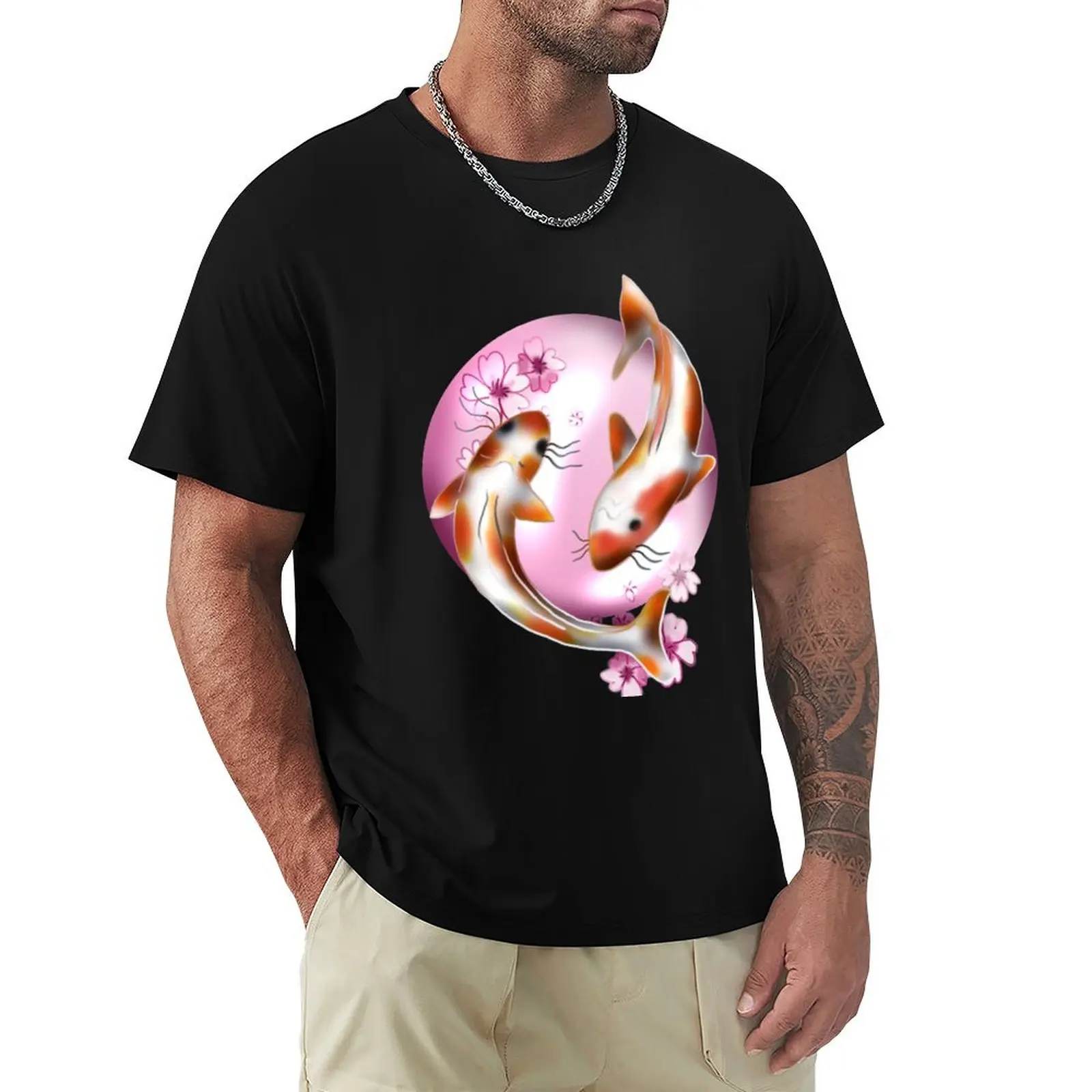 Koi carp with pink sakura T-Shirt Big Size Loose Fit Tee Shirt — купить у AliExpress WW