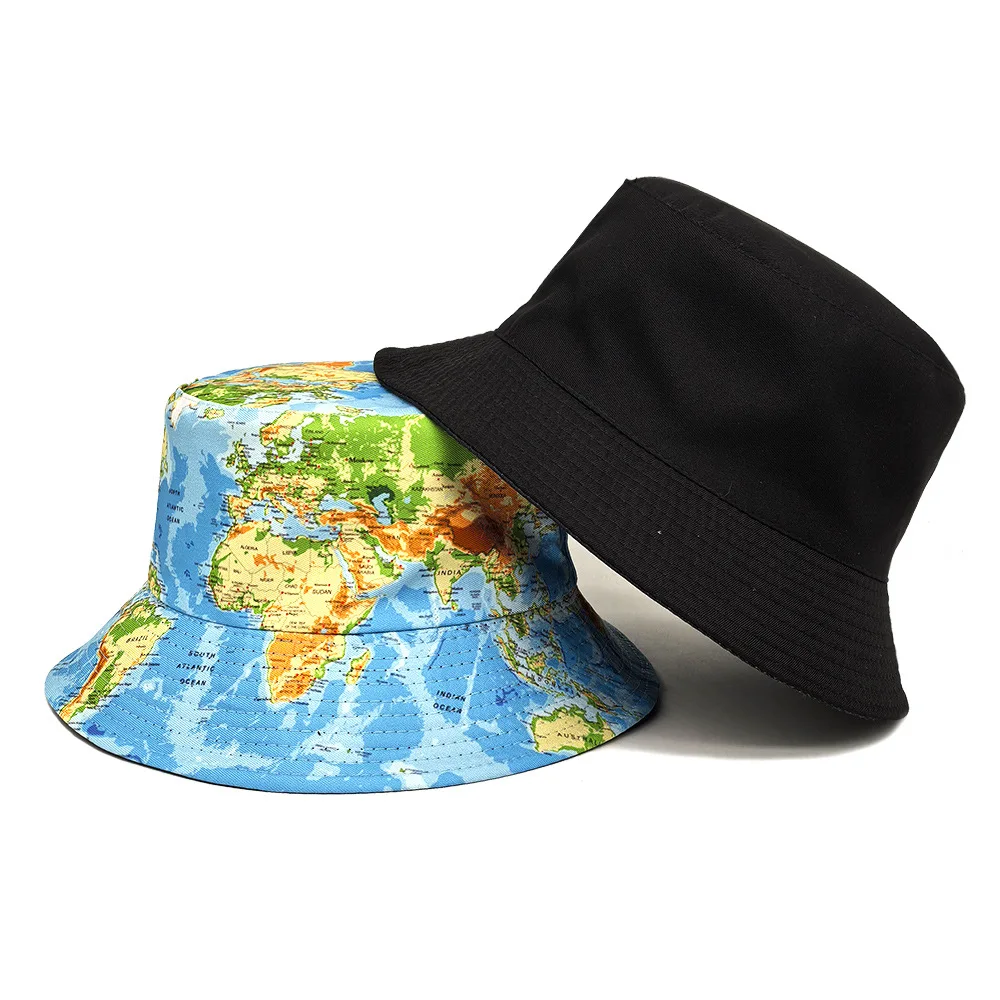 Reversible World Map Bucket Hat Men Women Double Sided Fisherman Cap Summer UV Protection Wide Brim Beach Outdoor Sun Hat