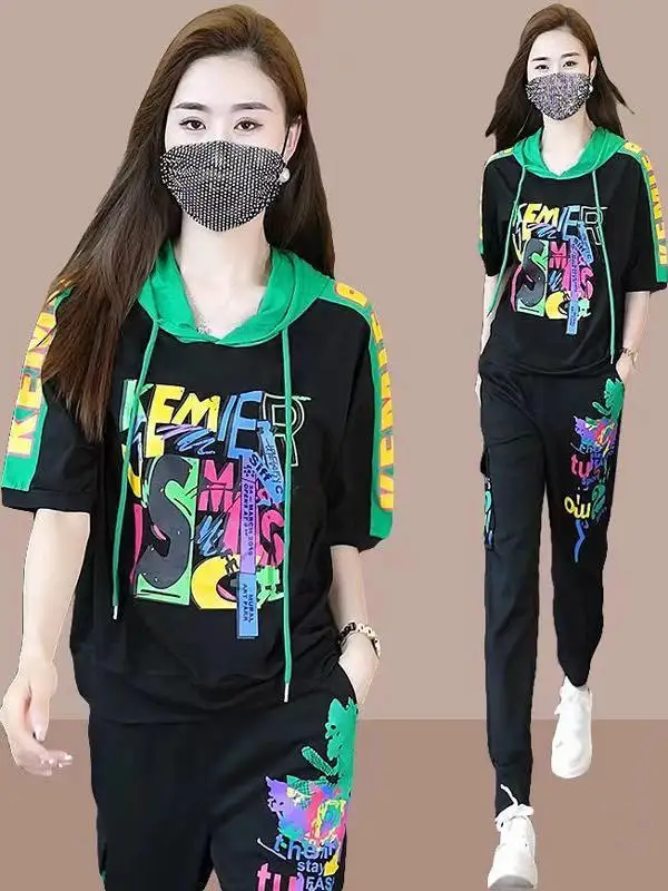 

Summer Thin Print Hooded Short Sleeve Fashion Set Women plus Size Loose Slimming Casual Sports Wear Two Piece Set Commute Kor...