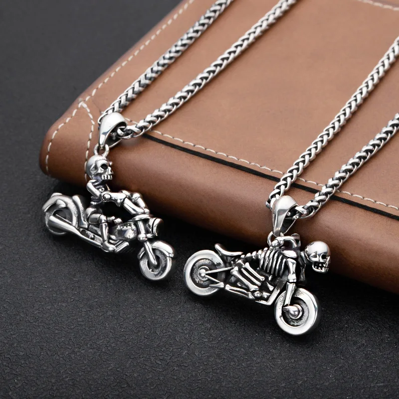 S925 Sterling Silver Charms Pendants for Women Men New Fashion Emboss Skull-motorcycle Punk Hip-hop Jewelry Wholesale