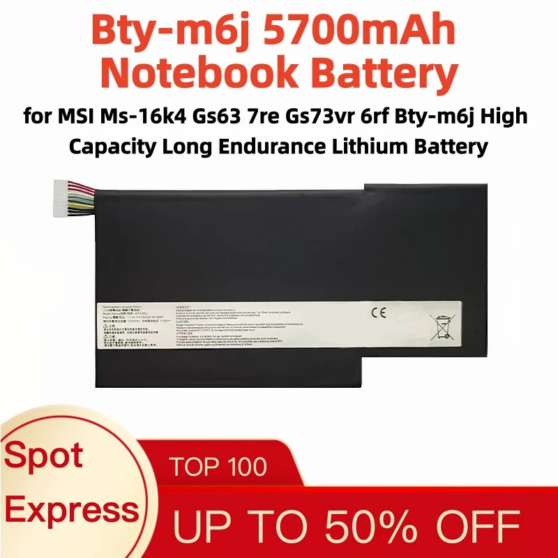 Bty-m6j 5700mAh Notebook Battery for MSI Ms-16k4 Gs63 7re Gs73vr 6rf Bty-m6j High Capacity Long Endurance Lithium Battery