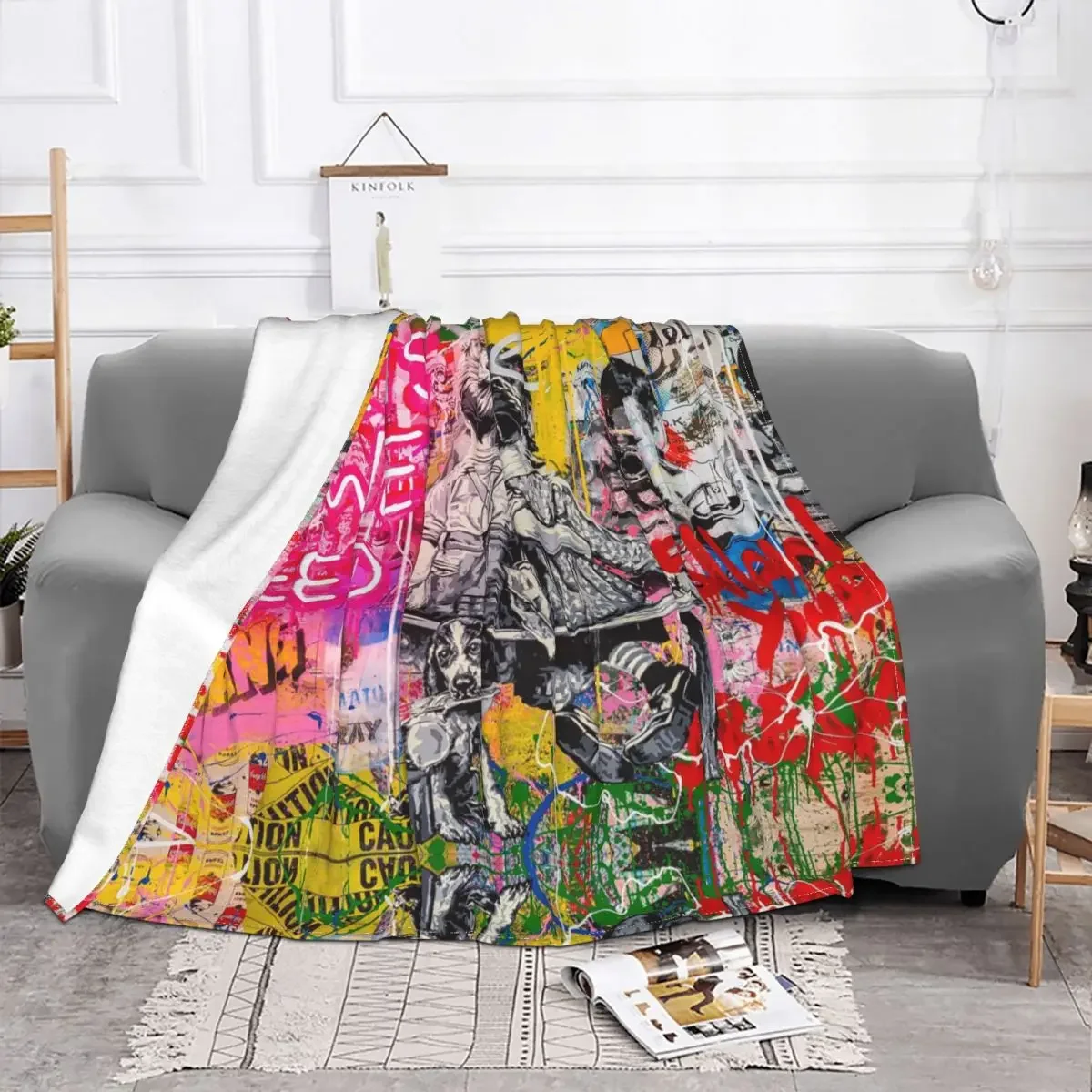 Graffiti Art Brainwash Knitted Blankets Banksy Flannel Throw Blankets Airplane Travel Portable Ultra-Soft Warm Bedspread