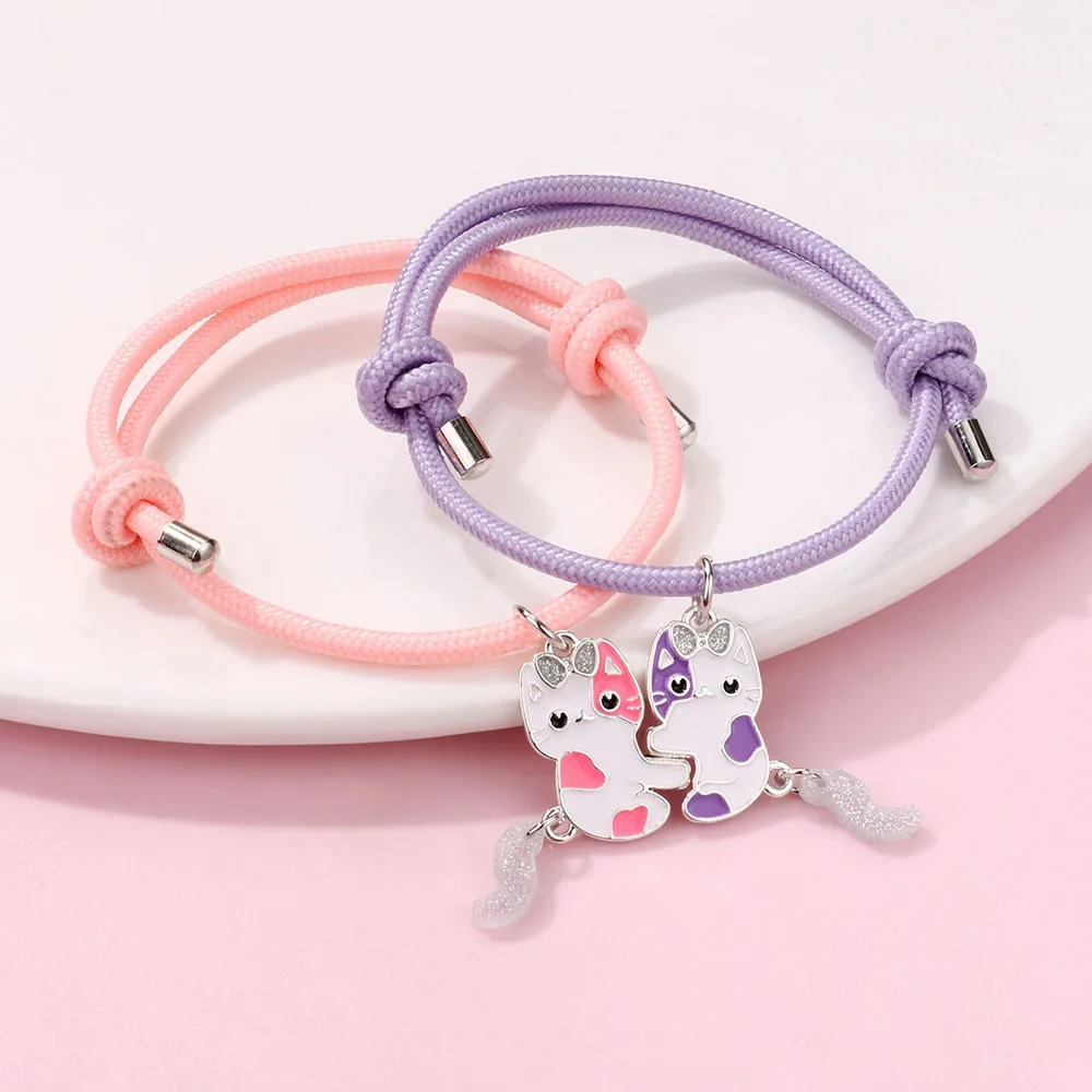 Luoluo&baby 2Pcs/set Cartoon Magnet Cats Alloy Best Friend Bracelet BFF Friendship Jewelry Gifts for Kids