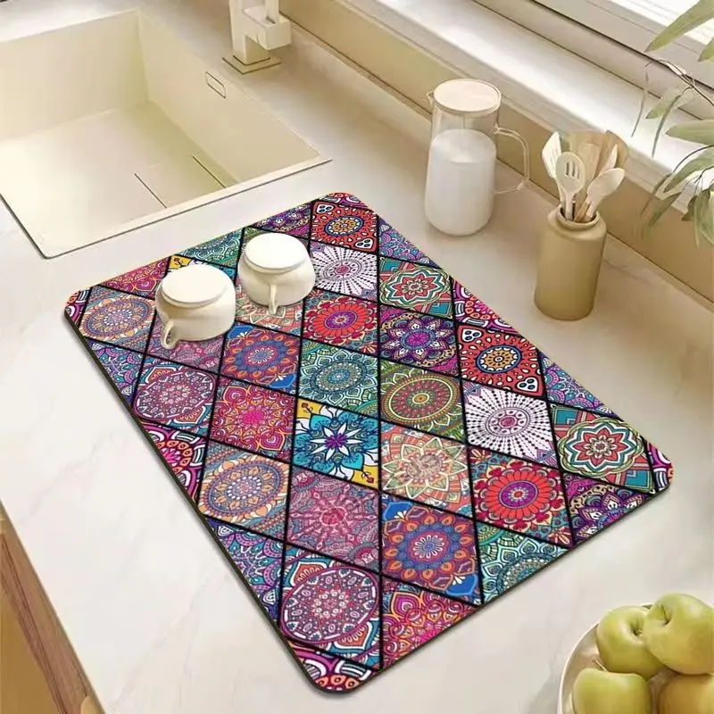 VIKAMA Boho Mandala Tile Coffee Mat Absorbent Quick Dry Non Slip Kitchen Counter Pad For Espresso Machine Sink Drying Decor Mat