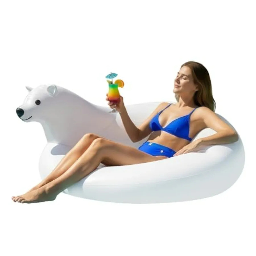 

Pool float for adults kids, inflatable polar bear, white, heavy-duty drop-stitch construction with premium valve, portable and