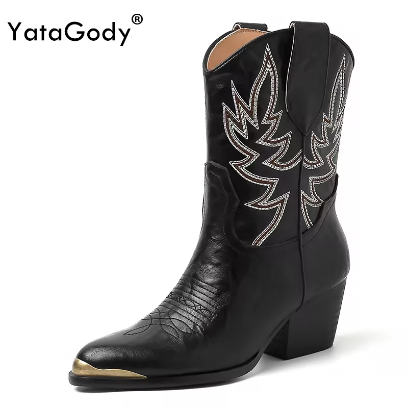 

YATAGODY Size 34-42 Western Women Ankle Boots Genuine Leather Vintage Embroidery Chunky Heels Cowboy Boots For Cowgirl Booties