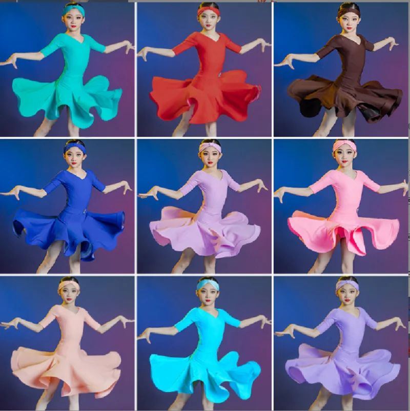 

New Fashion Children Half Sleeve Latin Dance Dress Girls Mordern Dance Ballroom Dresses Salsa Tango Skirt Performance Costume
