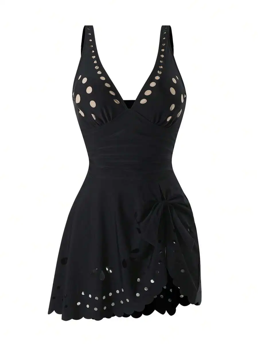 

Solid Color Cutout Skirt One-Piece Swimsuit With V Neck And Bow Detail