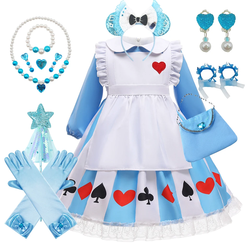 Kids Alice Cosplay Dress Anime Adventures Blue Party Frock Maid Lolita Dress Princess Wonderland Alice Costume For Girls