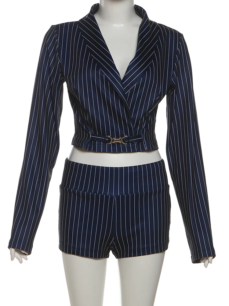 Sisterlinda طقم مكون من قطعتين مطبوع مخطط متقاطع للنساء برقبة على شكل حرف v وأكمام طويلة قطع علوية قصيرة + شورت كلاسيكي صغير بدلة على طراز المكتب #6