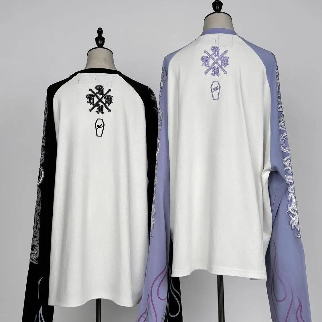 Y2K Japanese Harajuku Streetwear Collaboration Subculture Tattoo Embroidery Flame Long Sleeved Big Sleeved T-Shirt 2000S Tops