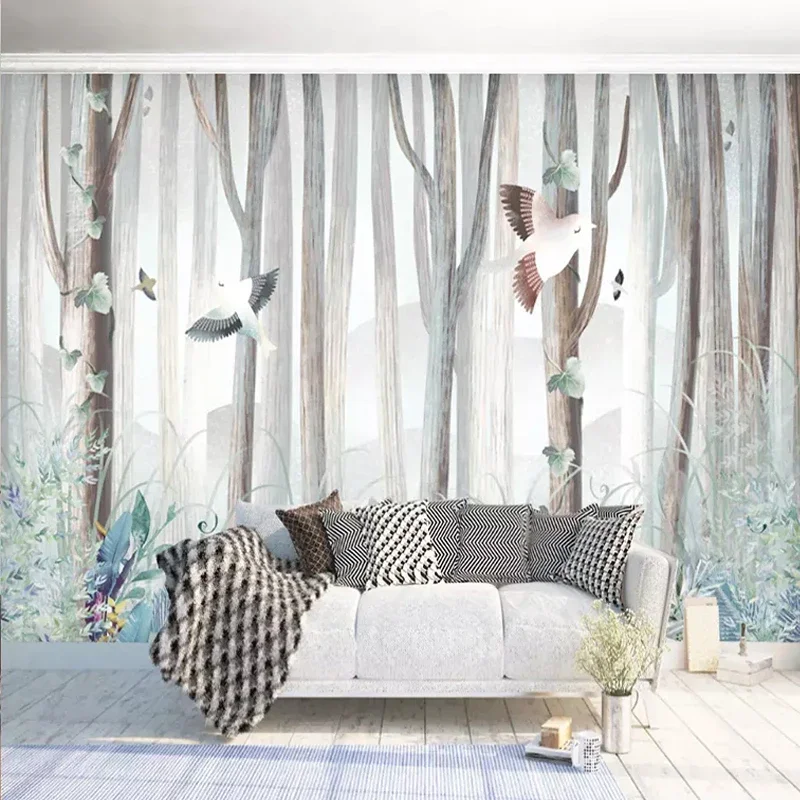 Modern 3D Wallpaper Simple Forest Tree Birds Animal Murals Living Room Cartoon Bedroom Background Wall Painting Papel De Parede