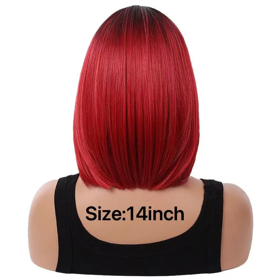 14 Inch Burgundy Red Bob Wig with Black Roots, Layered Straight Synthetic Wig, Natural Heat Resistant Hair for Women Daily Use