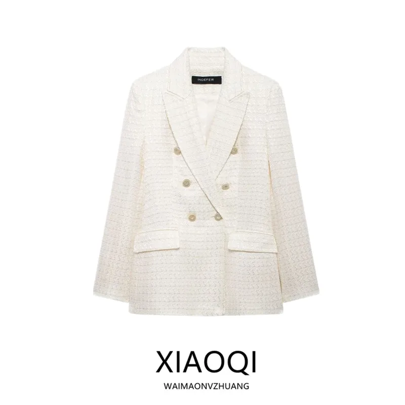 

Fall 2024 New Women's Long Sve Notch Collar Double Buttoned Texture Suit Jaet Versatile Sle Regular Length