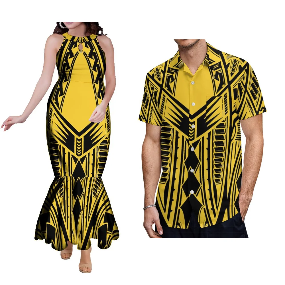 Summer Couple Suit Women'S Fishtail Dress Halter-Neck Long Skirt Men'S Shirt Polynesian Features Designed Adult Clothing
