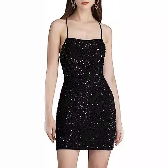 Women Velvet Sequin Sparkly Low Round Neck Tight Short Mini Dress Dresses Spring Summer