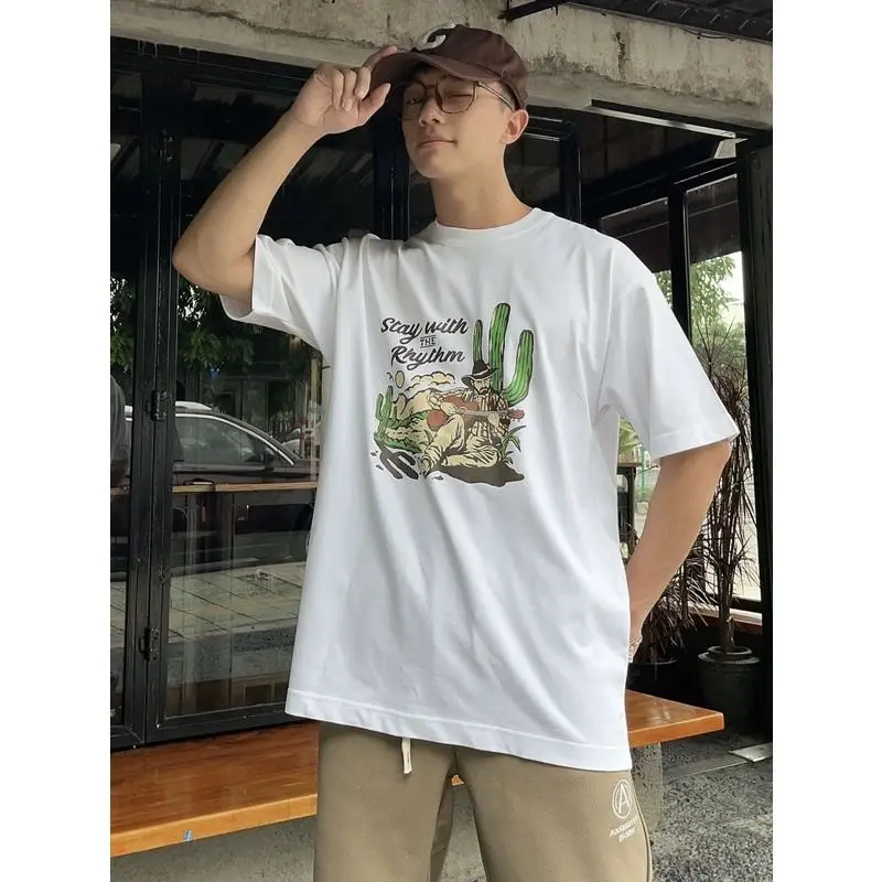 2026 new Unisex White Crew Neck Cotton T‑Shirt Western Cowboy Guitar Cactus Vintage Graphic Loose Casual Tee