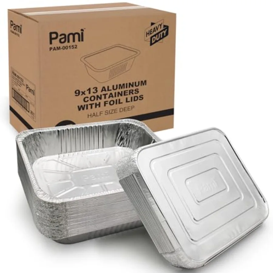 

Aluminum Food Containers With Lids Half Size Deep [Pack of 25] - 9"x13" Oven and Freezer Safe Tin Food Trays- Aluminum Baking P