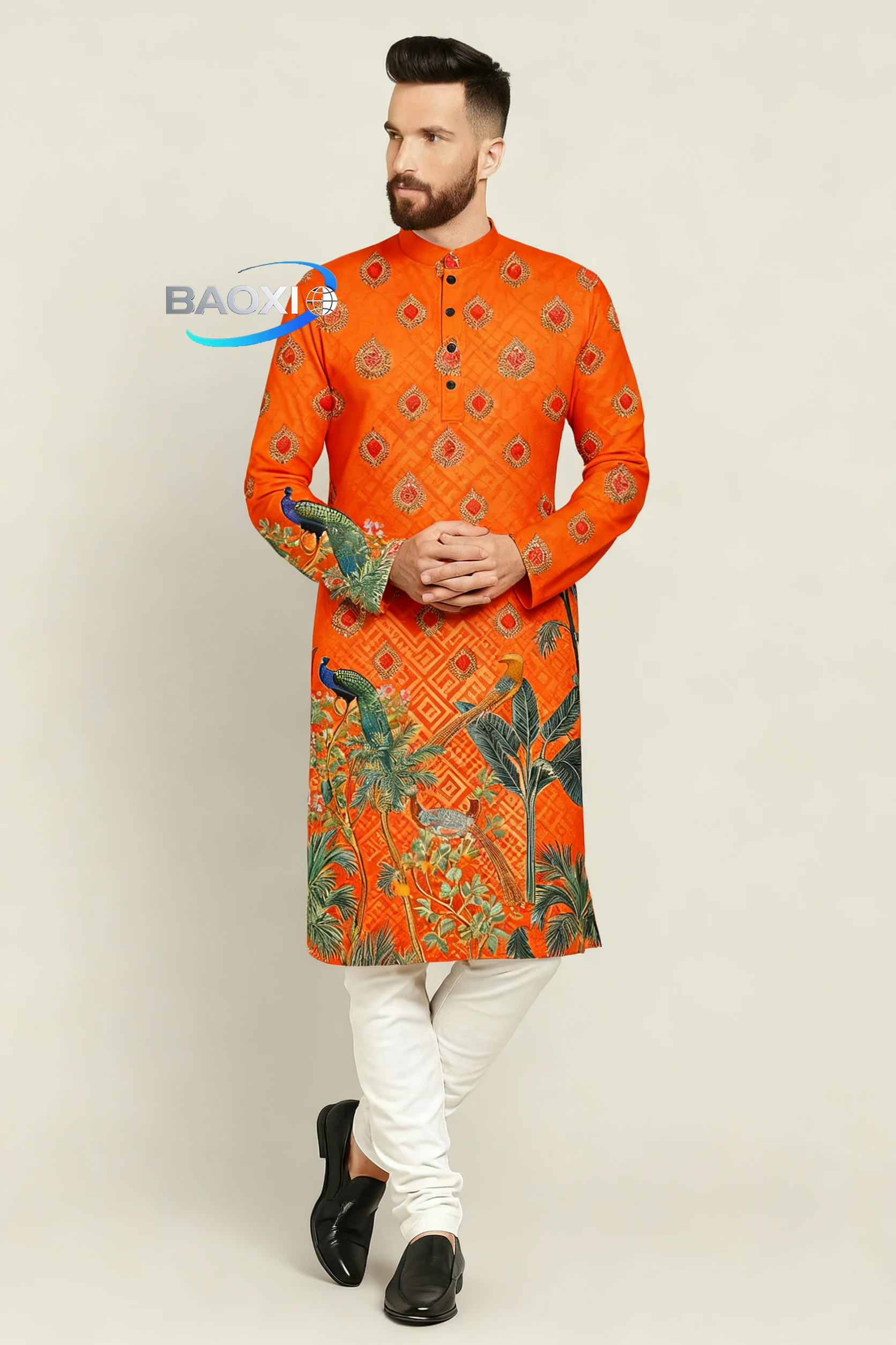 2025 men's printed kurta vardha fitted Mandarin collar long robe suitable for all occasions, such as high-end wedding venues